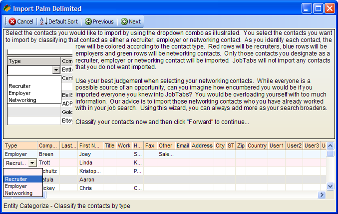Classify contacts imported to JobTabs Job Search & Resume from Palm Pilot.